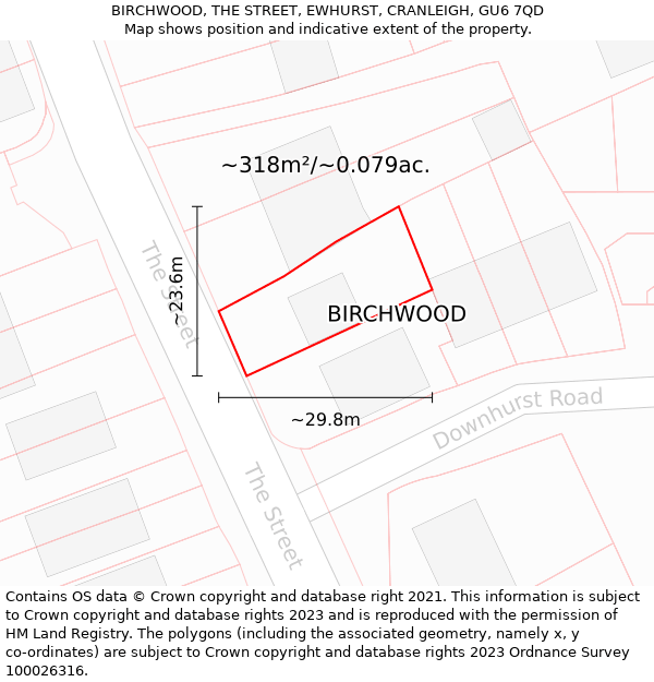 BIRCHWOOD, THE STREET, EWHURST, CRANLEIGH, GU6 7QD: Plot and title map