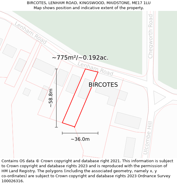 BIRCOTES, LENHAM ROAD, KINGSWOOD, MAIDSTONE, ME17 1LU: Plot and title map