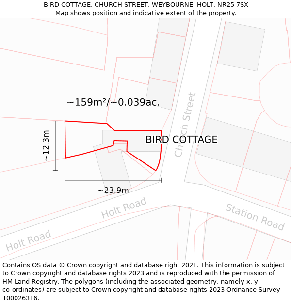 BIRD COTTAGE, CHURCH STREET, WEYBOURNE, HOLT, NR25 7SX: Plot and title map