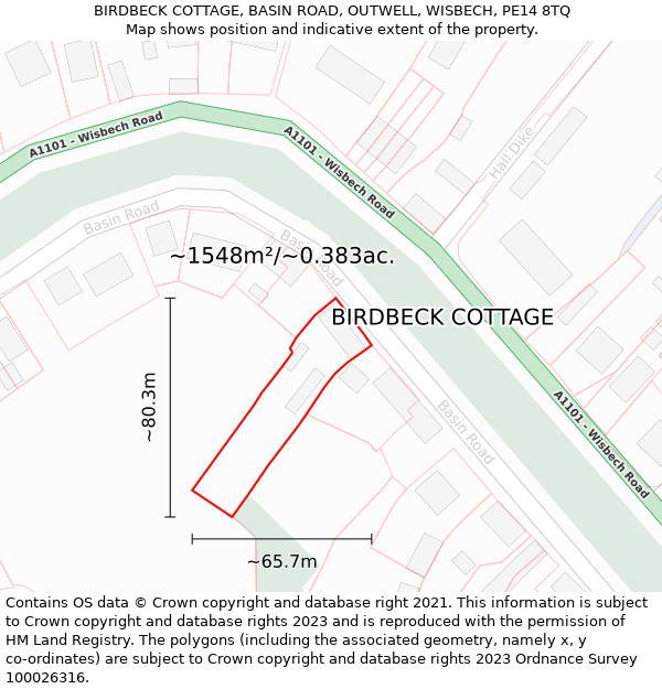 BIRDBECK COTTAGE, BASIN ROAD, OUTWELL, WISBECH, PE14 8TQ: Plot and title map