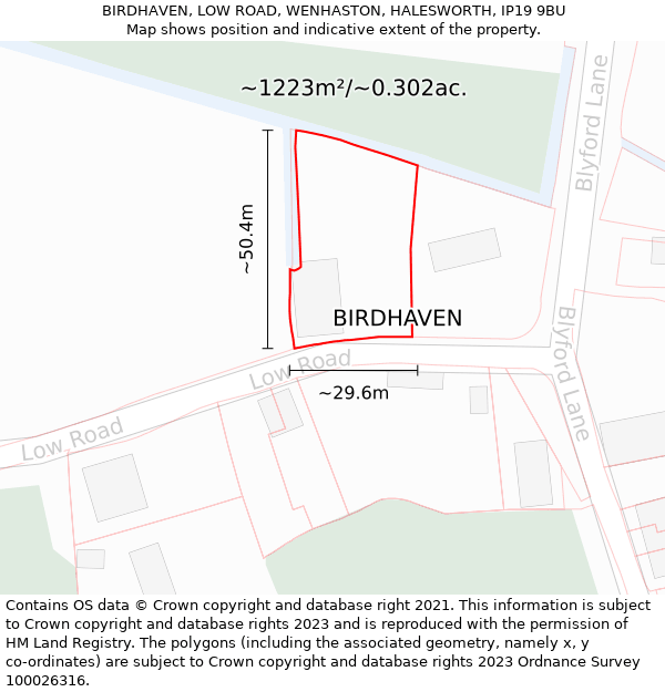 BIRDHAVEN, LOW ROAD, WENHASTON, HALESWORTH, IP19 9BU: Plot and title map