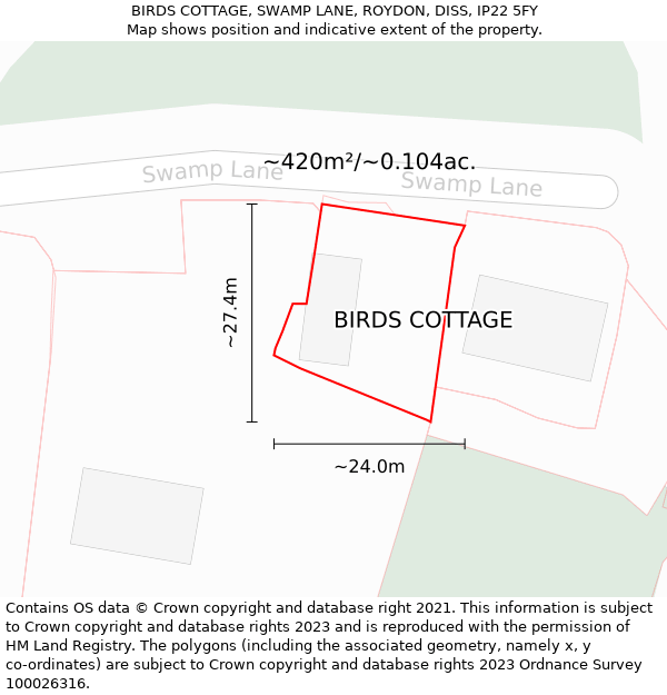 BIRDS COTTAGE, SWAMP LANE, ROYDON, DISS, IP22 5FY: Plot and title map