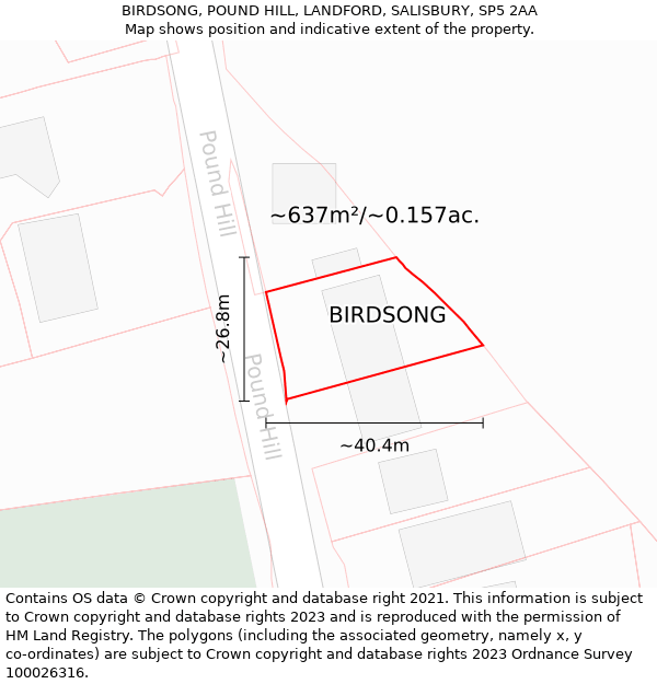 BIRDSONG, POUND HILL, LANDFORD, SALISBURY, SP5 2AA: Plot and title map