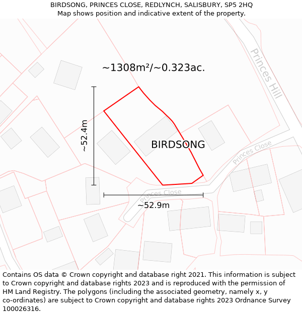 BIRDSONG, PRINCES CLOSE, REDLYNCH, SALISBURY, SP5 2HQ: Plot and title map