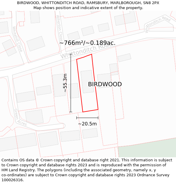 BIRDWOOD, WHITTONDITCH ROAD, RAMSBURY, MARLBOROUGH, SN8 2PX: Plot and title map