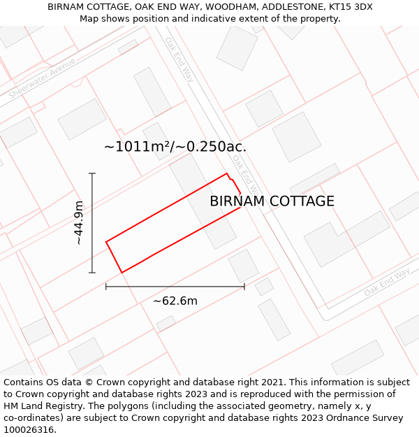 BIRNAM COTTAGE, OAK END WAY, WOODHAM, ADDLESTONE, KT15 3DX: Plot and title map