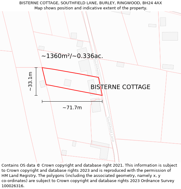 BISTERNE COTTAGE, SOUTHFIELD LANE, BURLEY, RINGWOOD, BH24 4AX: Plot and title map