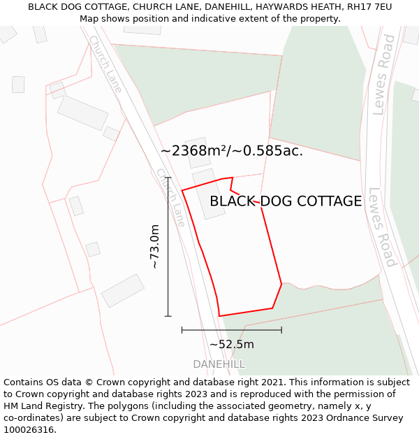 BLACK DOG COTTAGE, CHURCH LANE, DANEHILL, HAYWARDS HEATH, RH17 7EU: Plot and title map