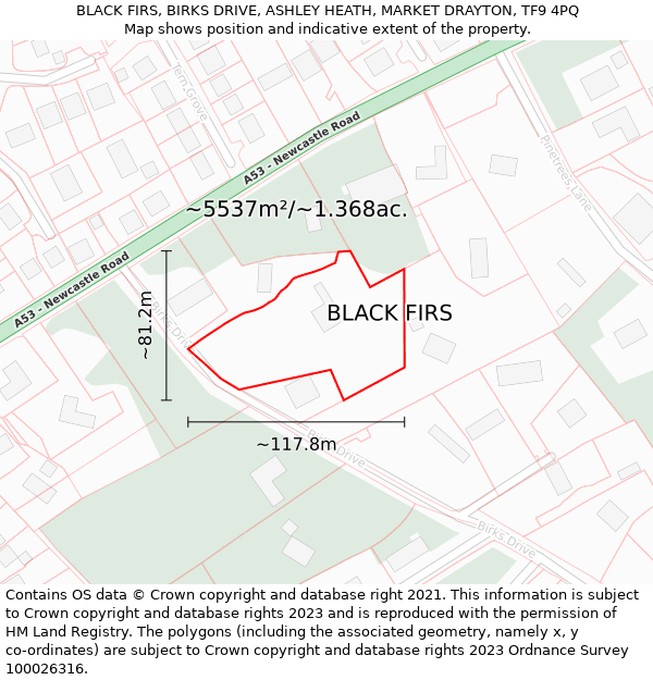 BLACK FIRS, BIRKS DRIVE, ASHLEY HEATH, MARKET DRAYTON, TF9 4PQ: Plot and title map