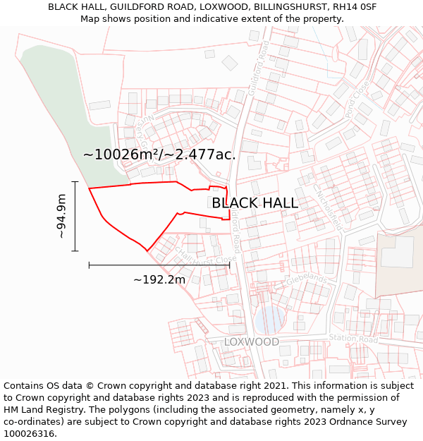 BLACK HALL, GUILDFORD ROAD, LOXWOOD, BILLINGSHURST, RH14 0SF: Plot and title map