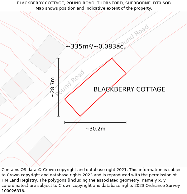 BLACKBERRY COTTAGE, POUND ROAD, THORNFORD, SHERBORNE, DT9 6QB: Plot and title map