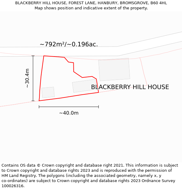 BLACKBERRY HILL HOUSE, FOREST LANE, HANBURY, BROMSGROVE, B60 4HL: Plot and title map