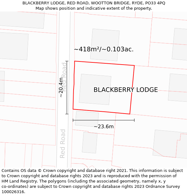 BLACKBERRY LODGE, RED ROAD, WOOTTON BRIDGE, RYDE, PO33 4PQ: Plot and title map