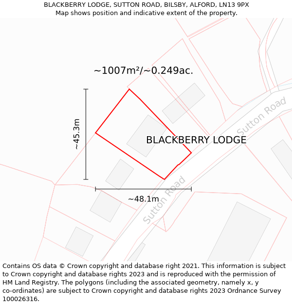 BLACKBERRY LODGE, SUTTON ROAD, BILSBY, ALFORD, LN13 9PX: Plot and title map