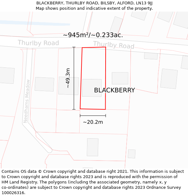 BLACKBERRY, THURLBY ROAD, BILSBY, ALFORD, LN13 9JJ: Plot and title map