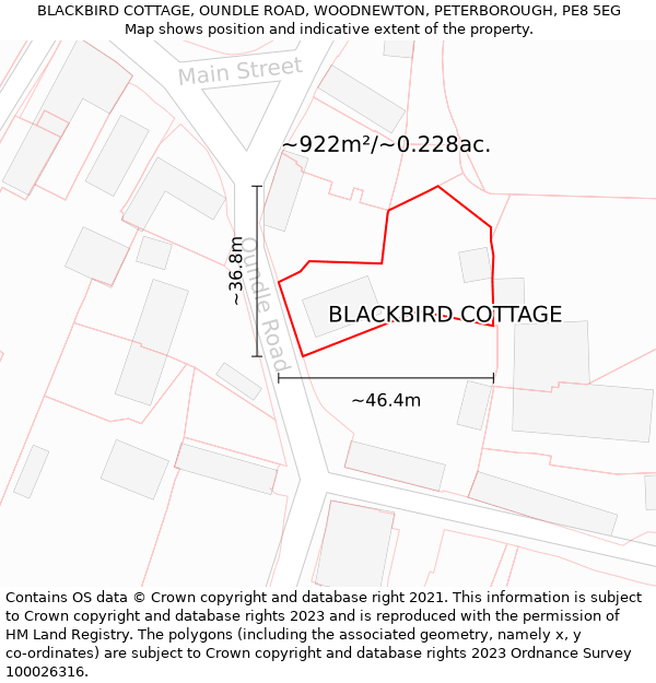 BLACKBIRD COTTAGE, OUNDLE ROAD, WOODNEWTON, PETERBOROUGH, PE8 5EG: Plot and title map