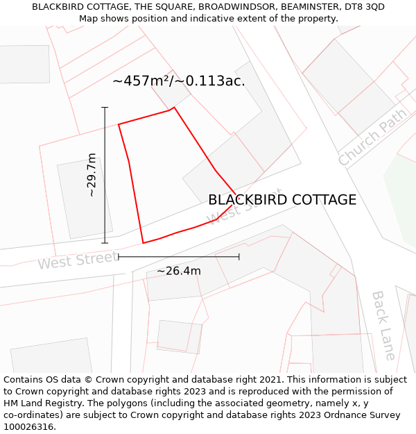 BLACKBIRD COTTAGE, THE SQUARE, BROADWINDSOR, BEAMINSTER, DT8 3QD: Plot and title map
