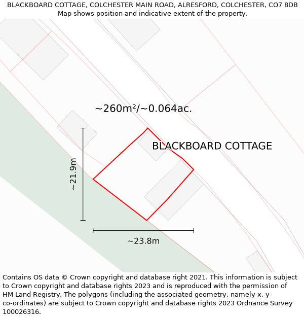 BLACKBOARD COTTAGE, COLCHESTER MAIN ROAD, ALRESFORD, COLCHESTER, CO7 8DB: Plot and title map