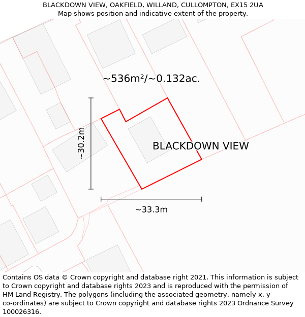 BLACKDOWN VIEW, OAKFIELD, WILLAND, CULLOMPTON, EX15 2UA: Plot and title map