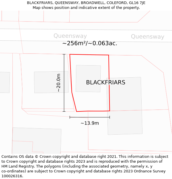 BLACKFRIARS, QUEENSWAY, BROADWELL, COLEFORD, GL16 7JE: Plot and title map