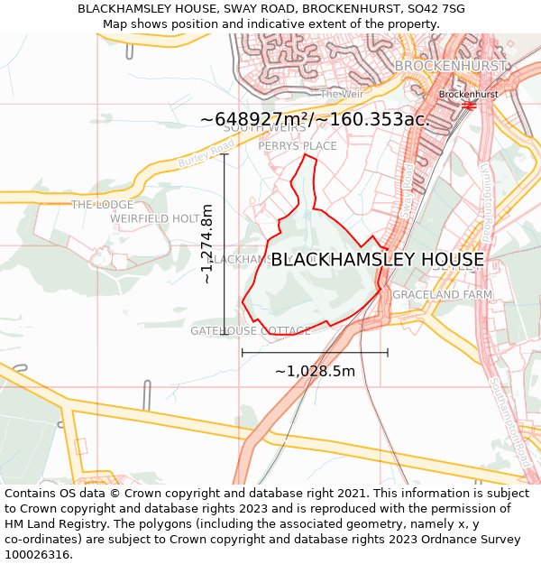 BLACKHAMSLEY HOUSE, SWAY ROAD, BROCKENHURST, SO42 7SG: Plot and title map