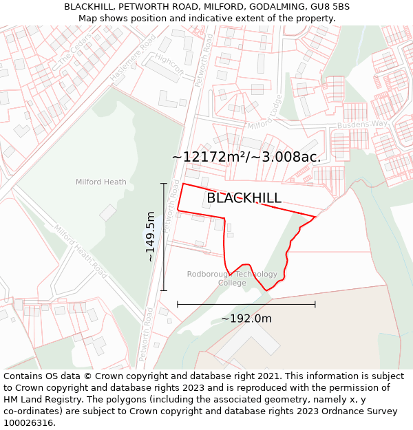 BLACKHILL, PETWORTH ROAD, MILFORD, GODALMING, GU8 5BS: Plot and title map