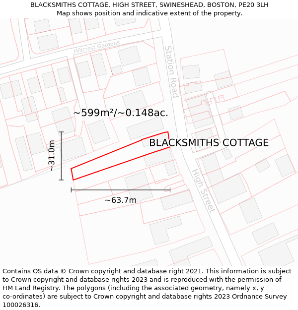 BLACKSMITHS COTTAGE, HIGH STREET, SWINESHEAD, BOSTON, PE20 3LH: Plot and title map