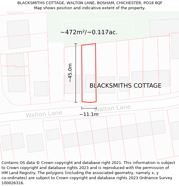 BLACKSMITHS COTTAGE, WALTON LANE, BOSHAM, CHICHESTER, PO18 8QF: Plot and title map