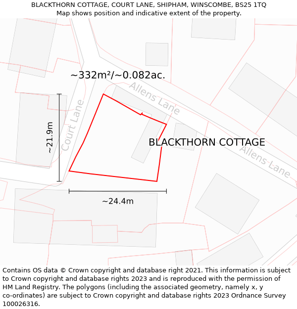 BLACKTHORN COTTAGE, COURT LANE, SHIPHAM, WINSCOMBE, BS25 1TQ: Plot and title map