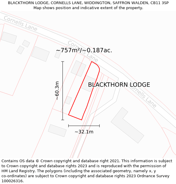 BLACKTHORN LODGE, CORNELLS LANE, WIDDINGTON, SAFFRON WALDEN, CB11 3SP: Plot and title map