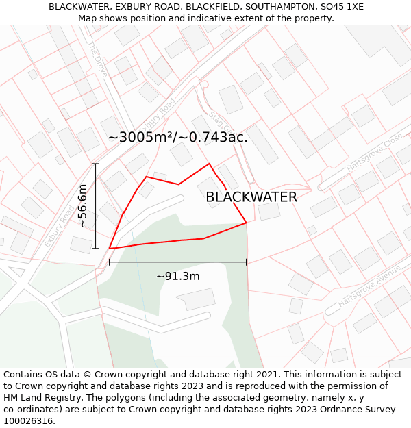 BLACKWATER, EXBURY ROAD, BLACKFIELD, SOUTHAMPTON, SO45 1XE: Plot and title map