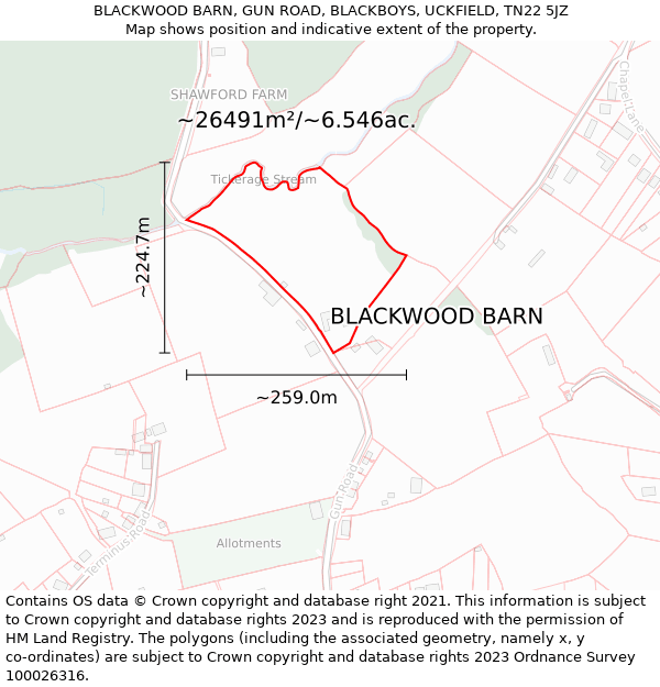 BLACKWOOD BARN, GUN ROAD, BLACKBOYS, UCKFIELD, TN22 5JZ: Plot and title map