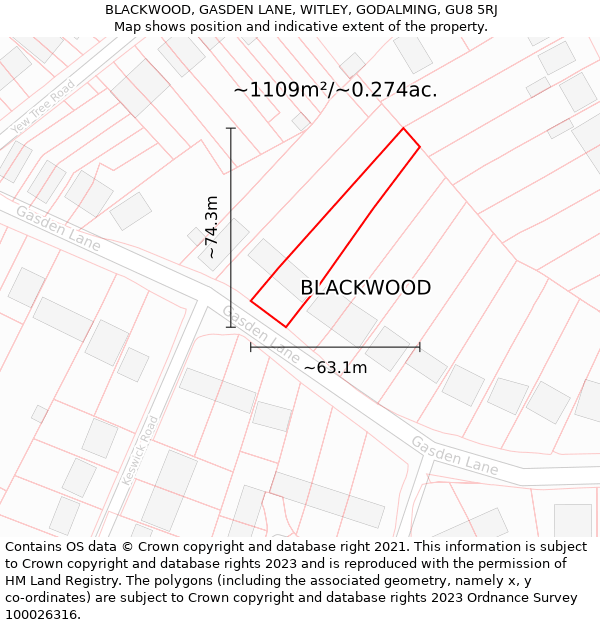 BLACKWOOD, GASDEN LANE, WITLEY, GODALMING, GU8 5RJ: Plot and title map