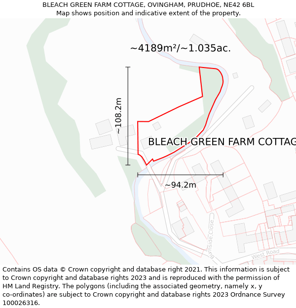 BLEACH GREEN FARM COTTAGE, OVINGHAM, PRUDHOE, NE42 6BL: Plot and title map