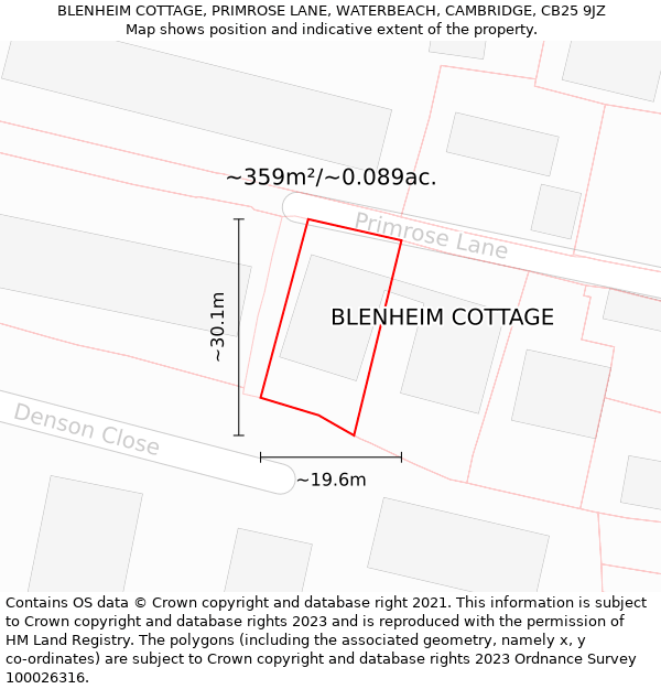 BLENHEIM COTTAGE, PRIMROSE LANE, WATERBEACH, CAMBRIDGE, CB25 9JZ: Plot and title map