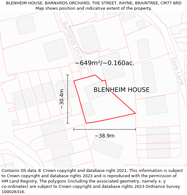 BLENHEIM HOUSE, BARNARDS ORCHARD, THE STREET, RAYNE, BRAINTREE, CM77 6RD: Plot and title map