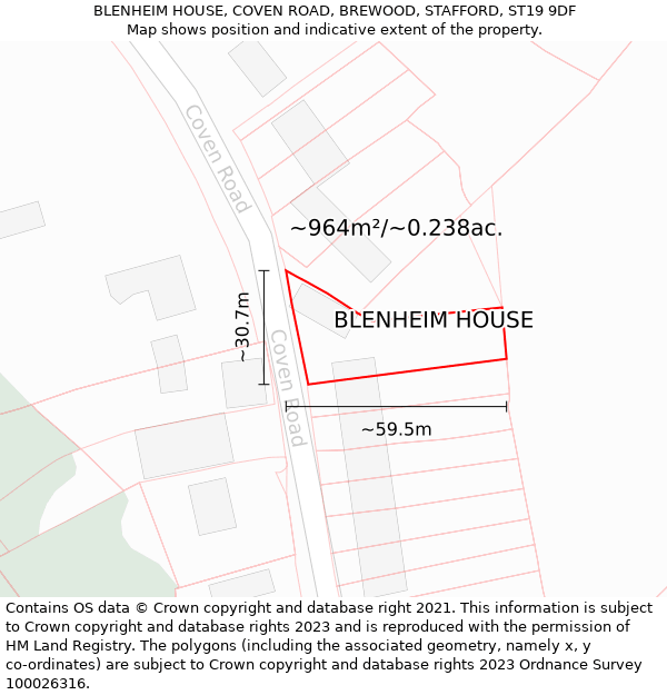 BLENHEIM HOUSE, COVEN ROAD, BREWOOD, STAFFORD, ST19 9DF: Plot and title map