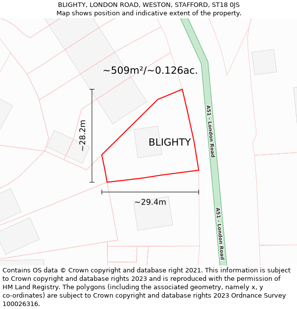 BLIGHTY, LONDON ROAD, WESTON, STAFFORD, ST18 0JS: Plot and title map