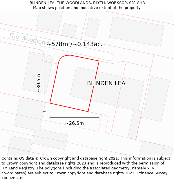 BLINDEN LEA, THE WOODLANDS, BLYTH, WORKSOP, S81 8HR: Plot and title map