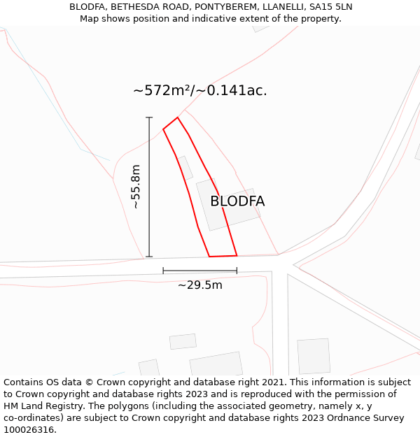 BLODFA, BETHESDA ROAD, PONTYBEREM, LLANELLI, SA15 5LN: Plot and title map