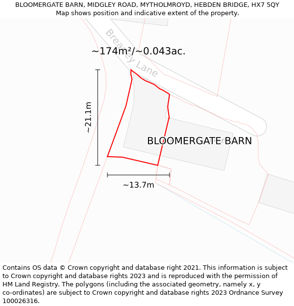 BLOOMERGATE BARN, MIDGLEY ROAD, MYTHOLMROYD, HEBDEN BRIDGE, HX7 5QY: Plot and title map