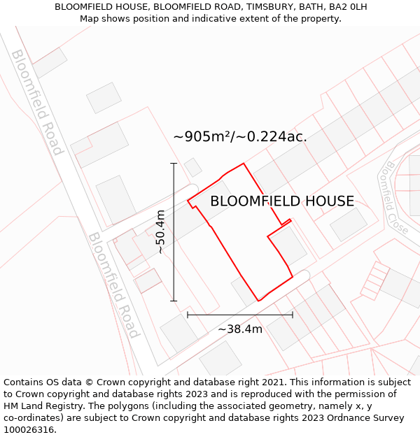 BLOOMFIELD HOUSE, BLOOMFIELD ROAD, TIMSBURY, BATH, BA2 0LH: Plot and title map