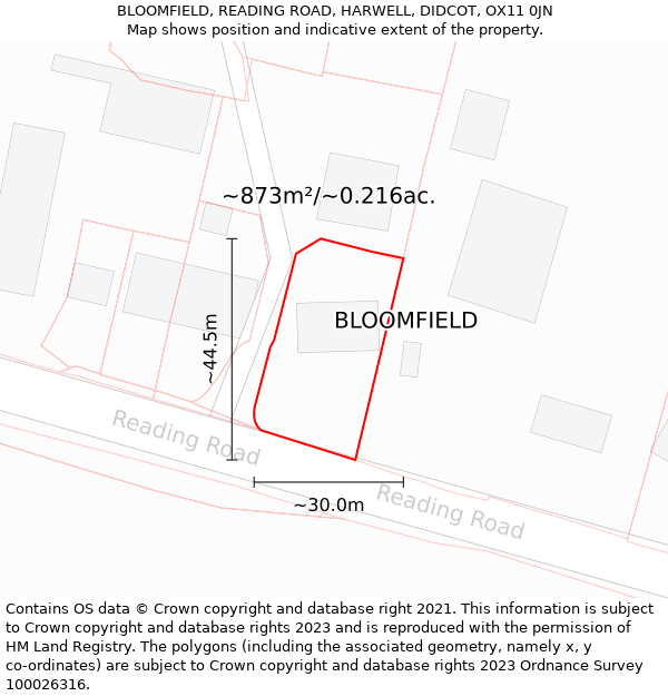 BLOOMFIELD, READING ROAD, HARWELL, DIDCOT, OX11 0JN: Plot and title map