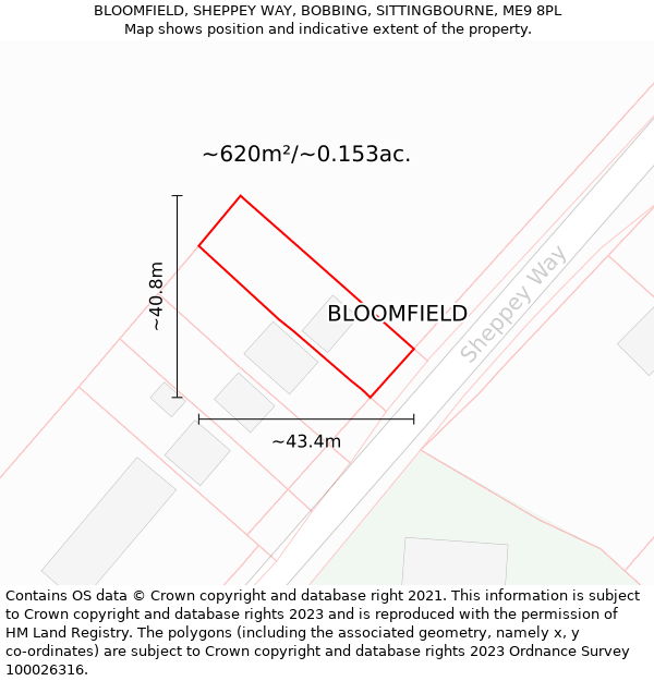 BLOOMFIELD, SHEPPEY WAY, BOBBING, SITTINGBOURNE, ME9 8PL: Plot and title map