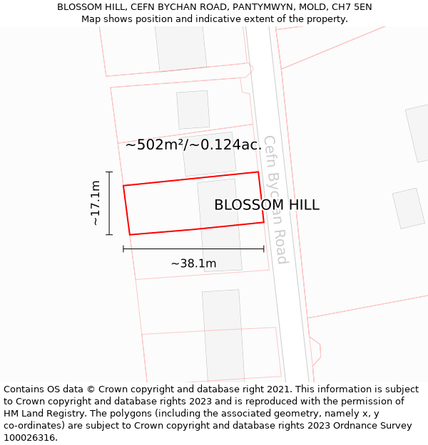 BLOSSOM HILL, CEFN BYCHAN ROAD, PANTYMWYN, MOLD, CH7 5EN: Plot and title map