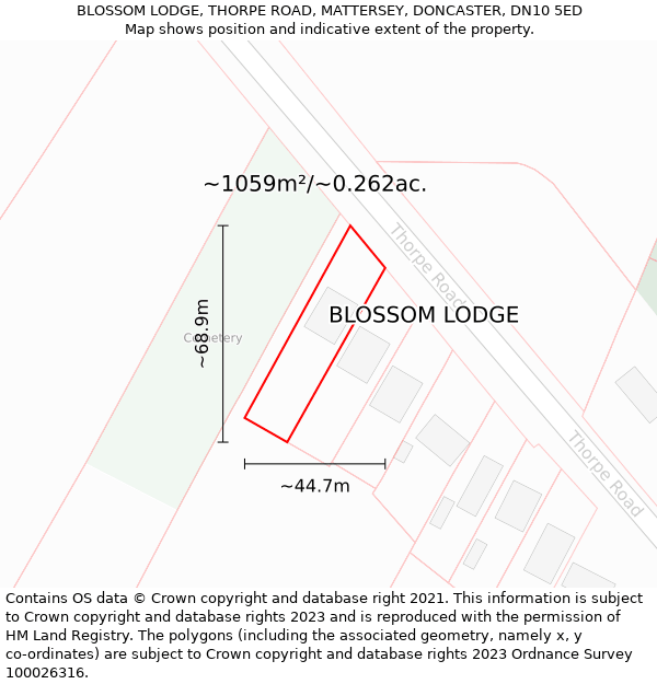 BLOSSOM LODGE, THORPE ROAD, MATTERSEY, DONCASTER, DN10 5ED: Plot and title map