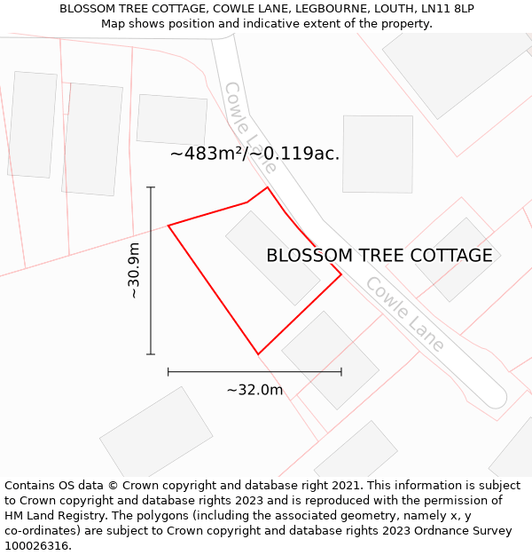 BLOSSOM TREE COTTAGE, COWLE LANE, LEGBOURNE, LOUTH, LN11 8LP: Plot and title map