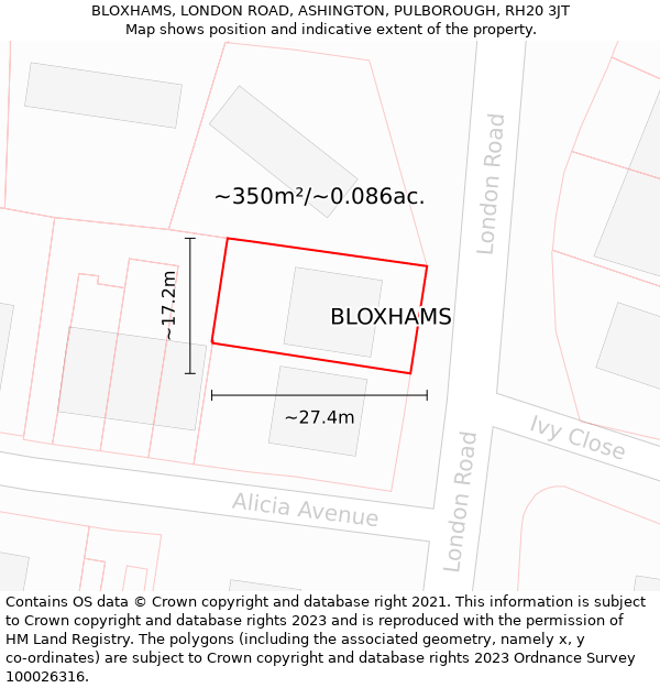 BLOXHAMS, LONDON ROAD, ASHINGTON, PULBOROUGH, RH20 3JT: Plot and title map