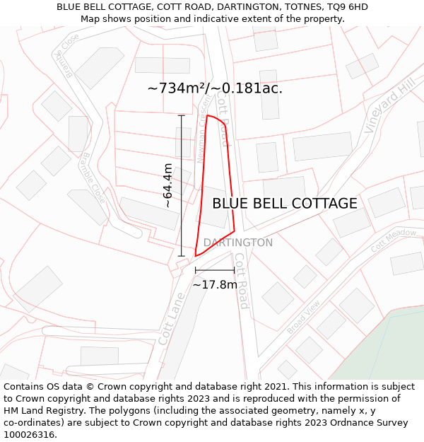 BLUE BELL COTTAGE, COTT ROAD, DARTINGTON, TOTNES, TQ9 6HD: Plot and title map