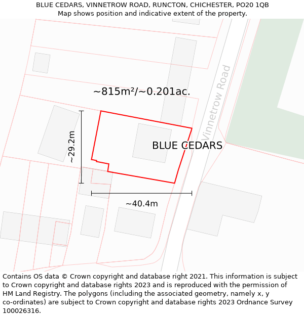 BLUE CEDARS, VINNETROW ROAD, RUNCTON, CHICHESTER, PO20 1QB: Plot and title map